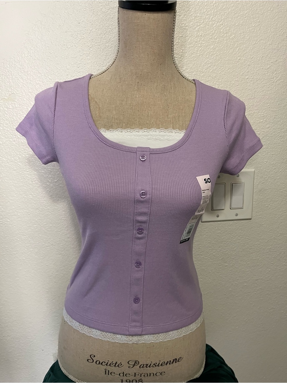 SO Lilac Button-Front Ribbed Scoop Neck Top
